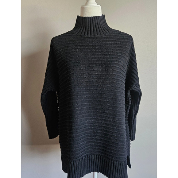 French Connection Sweater Womens M Black Cotton Ribbed Mock Neck Chunky Tunic - Picture 1 of 6